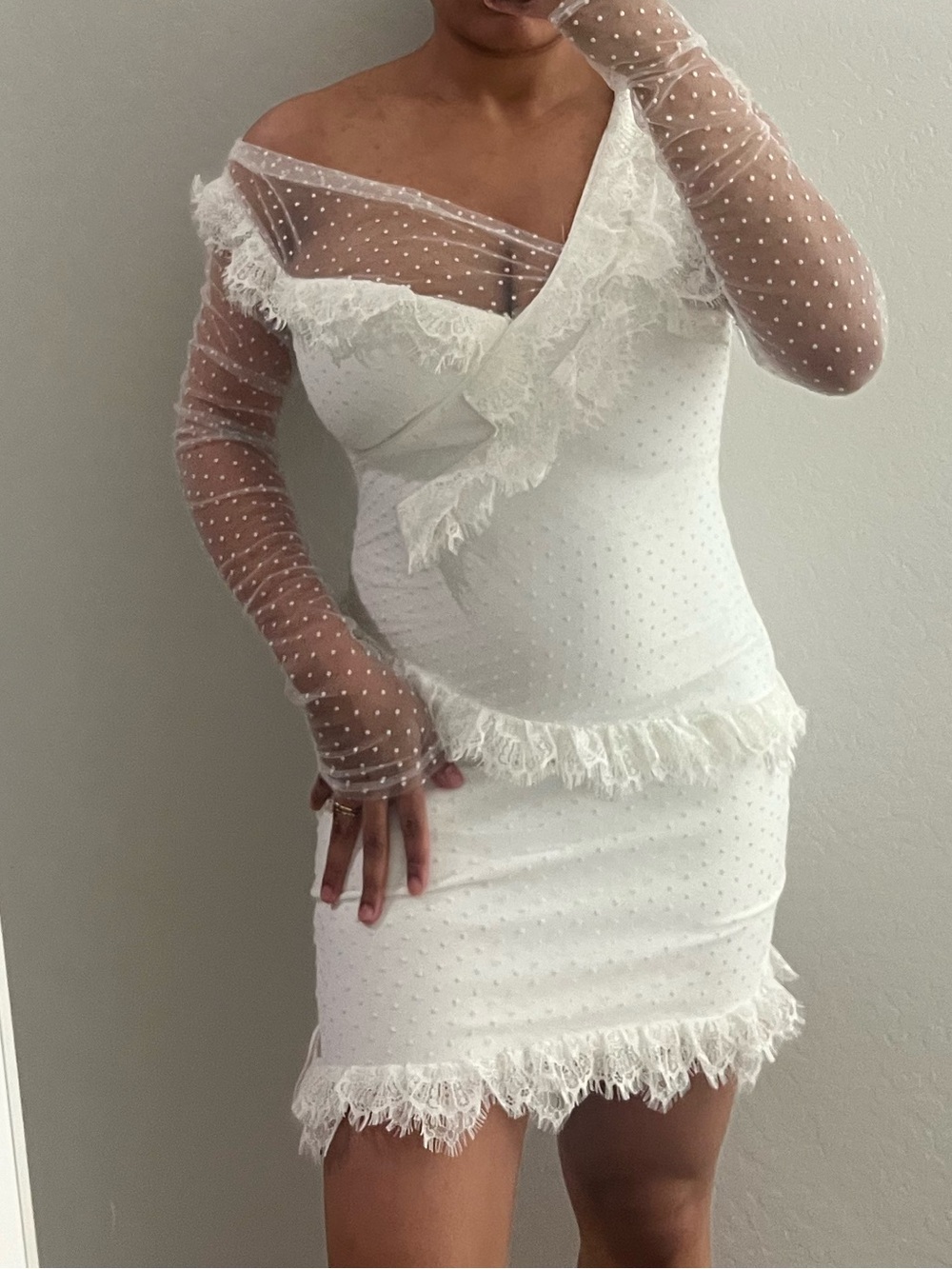 White One-Shoulder Lace Trim Mini Dress